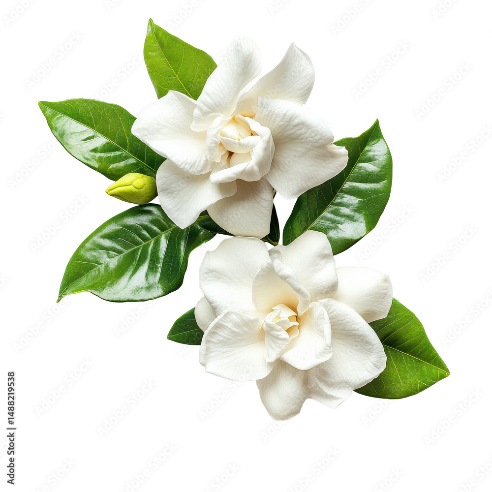 Obraz premium Gardenia flowers with lush green leaves isolated on a Transparent background for nature enthusiasts, of Gardenia flowers isolated on PNG background