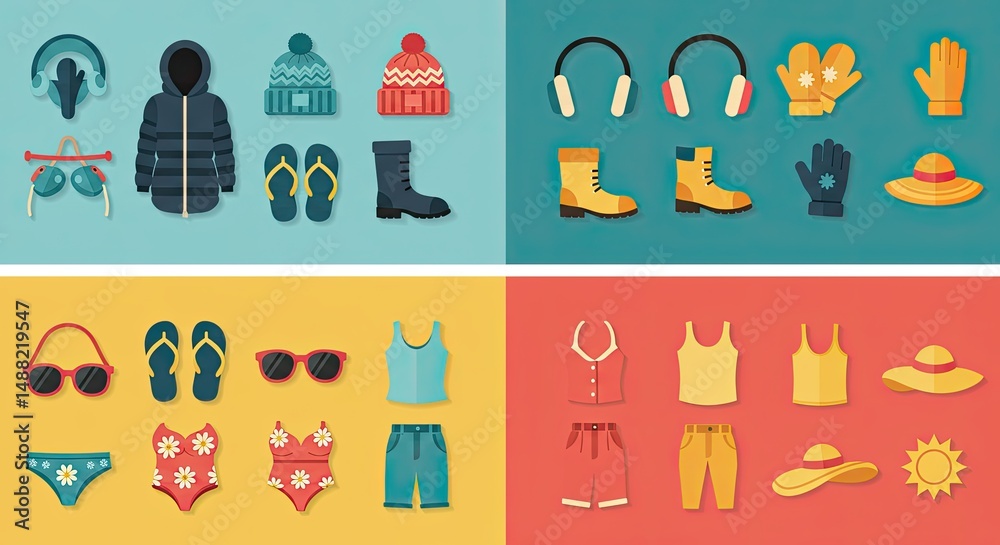 Fototapeta premium Colorful illustrations of clothing items representing different seasons and weather conditions