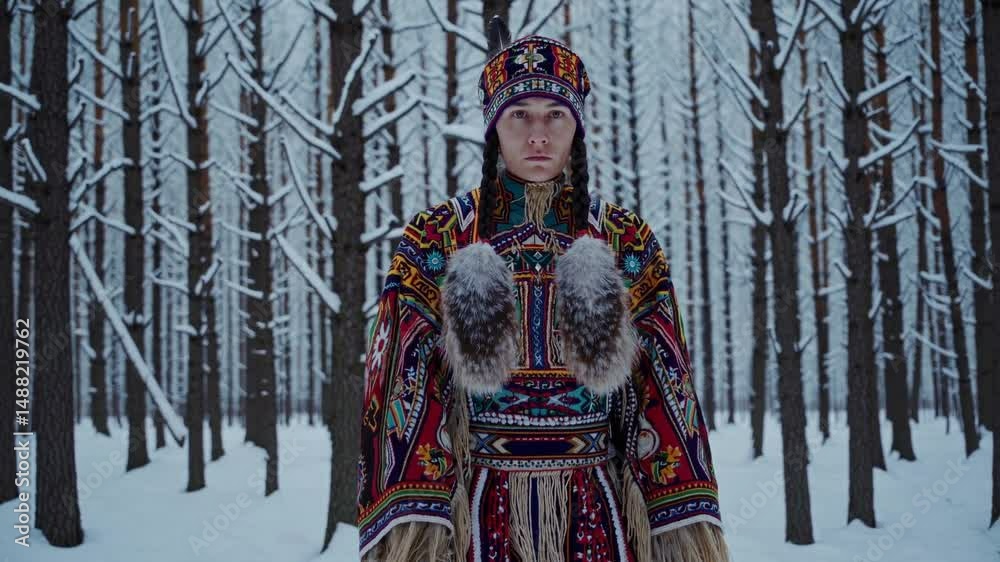 Personne en habit traditionnel dans une forêt enneigée, regard fixe et solennel

