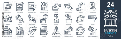 Banking Service Icons set vector illustration. Containing digital wallet, credit score, banking system, transaction, wealth management and more. Simple outline icons collection.