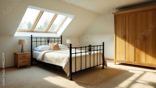 Sunny bedroom equipped with a wooden wardrobe and a bed adorned with a metal frame