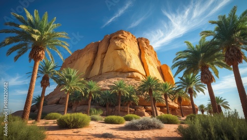 Stunning oasis-like landscape featuring large yellow-brown rocks, palm trees, and sky