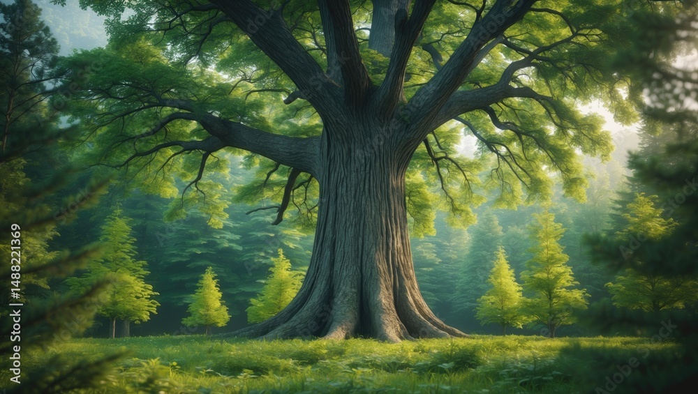 Naklejka premium A prominent mature cedar tree with a thick trunk and wide branches is surrounded by smaller trees.