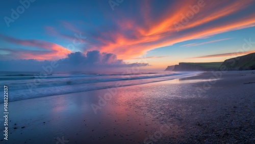 Sunset at Rhossili Bay with High Tide and Cloudscape photo