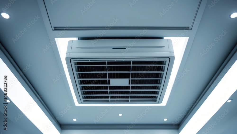 Obraz premium Ceiling-type air conditioning unit with ventilation system in a white building interior.
