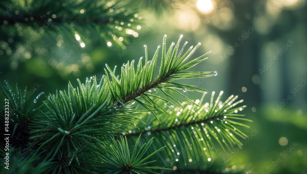 Lush greenery and vibrant foliage with dew on pine needles at dawn Lush greenery and vibrant foliage with dew on pine needles at dawn