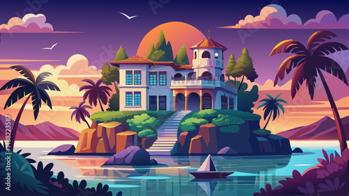 Island mansion surrounded by water and palm trees at twilight.