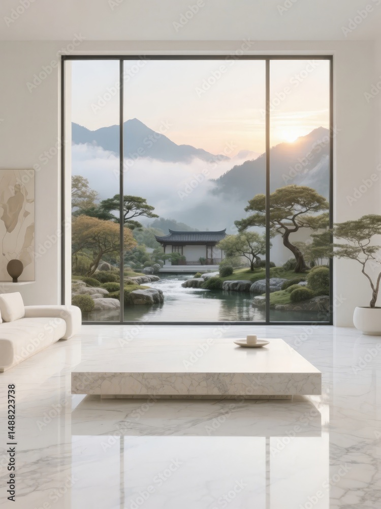 Fototapeta premium Modern Living Room with a View of a Traditional Pavilion and Mountains