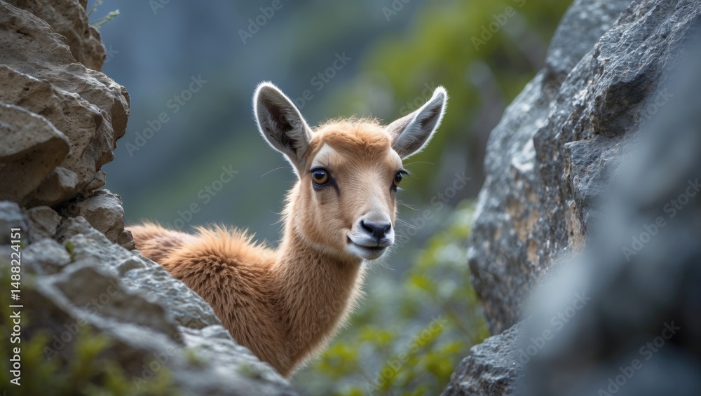Timid and inquisitive young chamois looking around the rock Timid and inquisitive young chamois looking around the rock