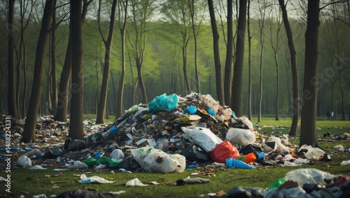 Waste mound at the countryside park forest periphery surrounded by green trees on a bright spring day, littering the environment with plastic among visitors.