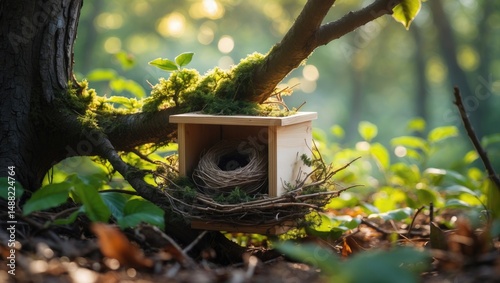 Bird box located in forest tree
