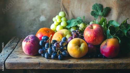 A colorful assortment of fresh fruits including bananas, pineapples, oranges, grapes, kiwis, and berries arranged on a wooden surface with a neutral background.