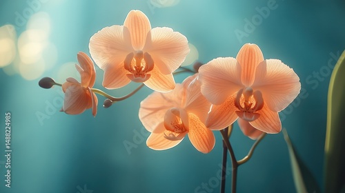 Peach colored orchids closeup