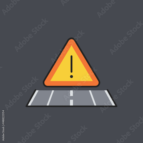 Traffic warning sign on road surface with dark background  