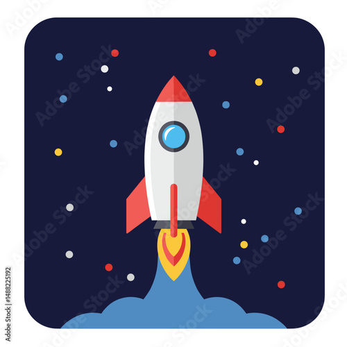 Rocket launching into space with colorful stars in the background  