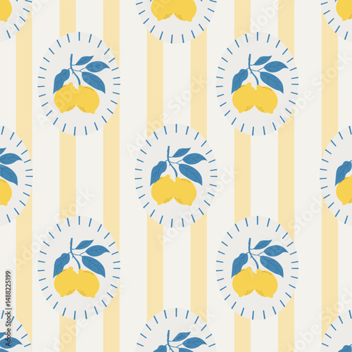 Mediterranean seamless pattern with lemon in circular frames on stripes. Vintage Italian costal print for fabric, wrapping paper, and beach decor.