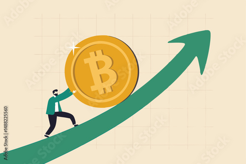 Bitcoin and crypto price rising up, soaring and price increase, crypto currency value growth, mass adoption concept, businessman investor trying hard to push bitcoin up rising up arrow graph and chart