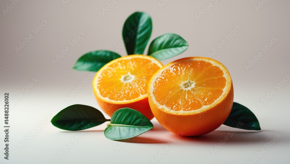 Fototapeta premium Orange fruit split in two with green foliage isolated on a surface.
