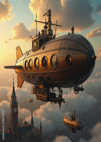 aesthetic, brass, propellers, gears, mechanical, flying ship, 