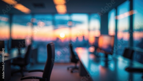 Wallpaper Mural Inside a contemporary glass office with a sunset glow and blurred details Torontodigital.ca