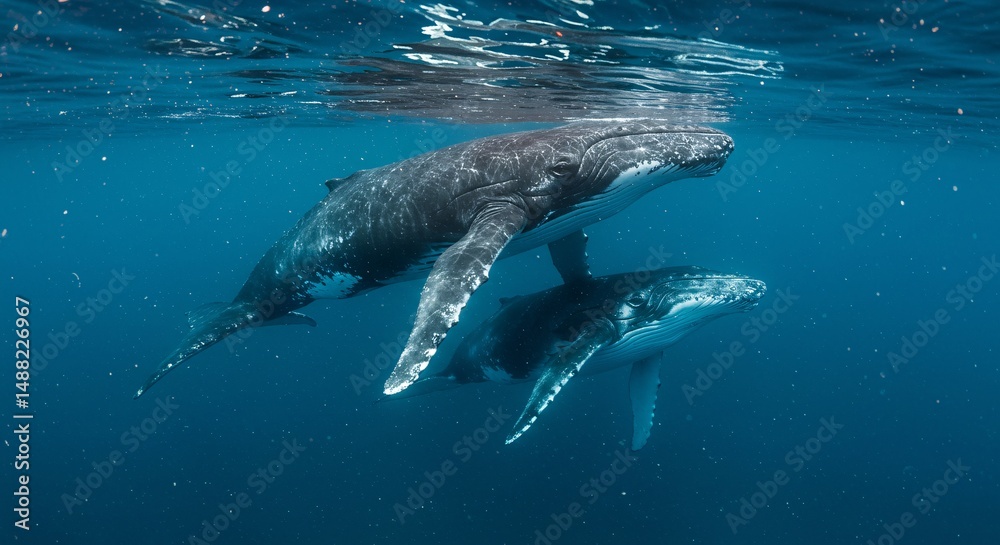 Obraz premium Majestic Humpback Whales Swimming Gracefully Underwater in Clear Blue Ocean