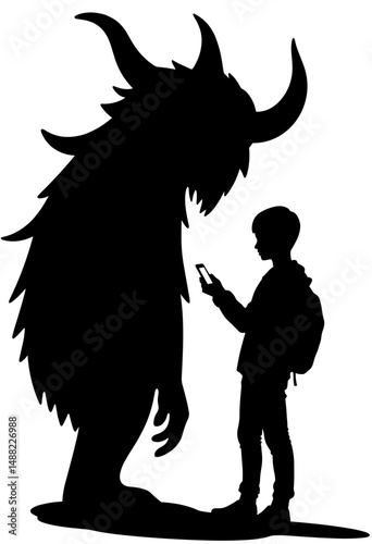 Child with phone facing a shadow monster representing digital fears  