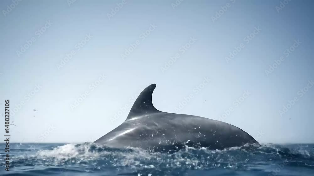 A leaping dolphin arcs gracefully above the ocean's surface. Its sleek grey form contrasts beautifully with the tranquil, light blue water and sky. Water splashes gently around its powerful body A leaping dolphin arcs gracefully above the ocean's surface. Its sleek grey form contrasts beautifully with the tranquil, light blue water and sky. Water splashes gently around its powerful body