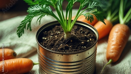 The crown of a carrot grown in a tin. When the plant flowers, its seeds can be collected to cultivate more carrots, minimizing food waste.