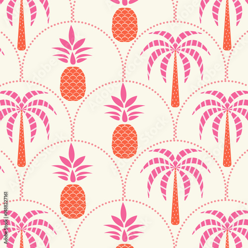 Seamless pattern with tropical palm trees and pineapples framed in dotted arches. Vibrant summer coastal design. Retro island design for fabric, wrapping paper, prints, artworks.
