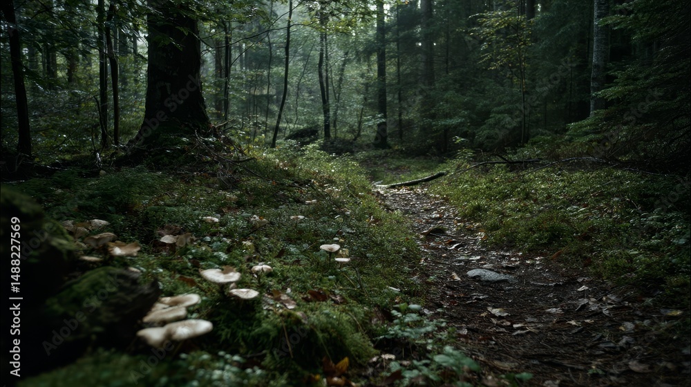 Fototapeta premium Landscape, very dark and densely wooded forest, deciduous trees, ings and mushrooms on the ground, on small footpath winding through