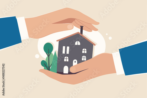 House insurance, real estate or property protection, home security concept, house in businessman palm with other hand cover to protect as insurance coverage.