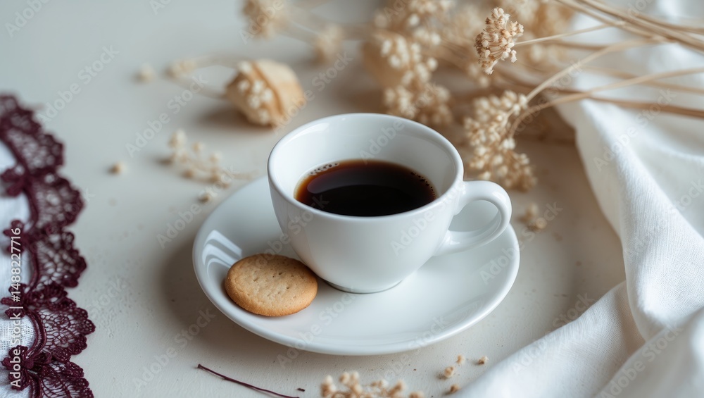 Fototapeta premium Espresso Small coffee cup paired with cookies morning drink food caffeine