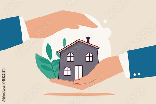 House insurance, real estate or property protection, home security concept, house in businessman palm with other hand cover to protect as insurance coverage.