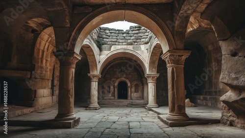 With a rectangular configuration and barrel vault ceiling, the Nazli Church is a modest Byzantine church that includes a curved, semicircular apse oriented from southeast to northwest. photo