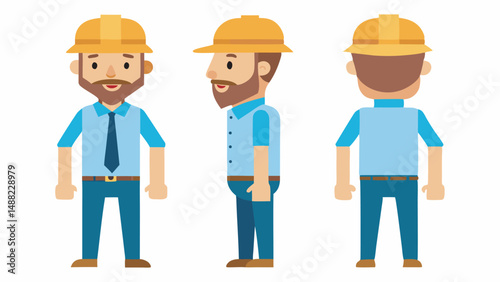 Engineer wearing hard hat. Character constructor for animation. Front, side and back Body view set. Vector illustration.
