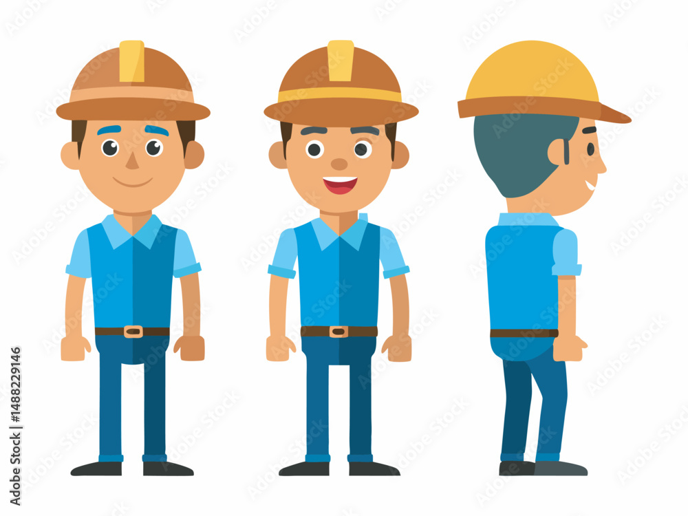 Engineer wearing hard hat. Character constructor for animation. Front, side and back Body view set. Vector illustration. Engineer wearing hard hat. Character constructor for animation. Front, side and back Body view set. Vector illustration.
