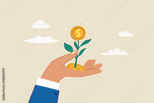 Investment growth, prosperity or earn more money from savings, mutual funds or opportunity to make profit and increase wealth, businessman investor hand holding money flower plant from pile of coins.