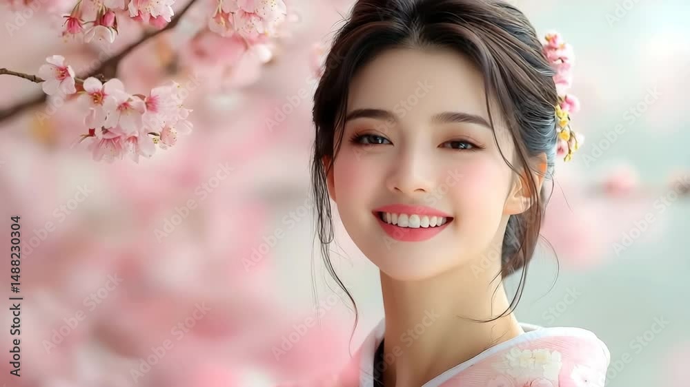 Serene woman in traditional Japanese kimono amid cherry blossoms Serene woman in traditional Japanese kimono amid cherry blossoms