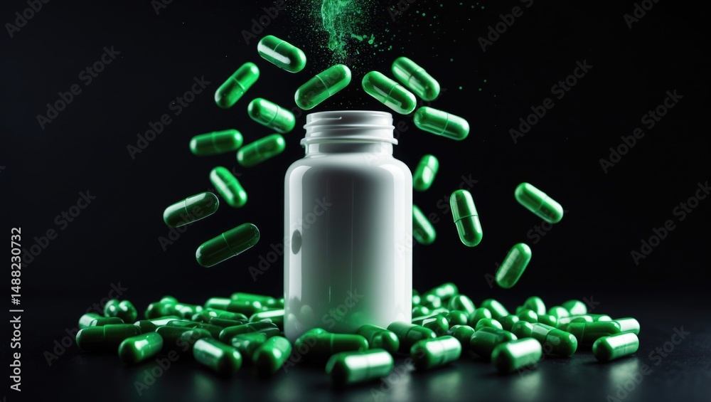 Fototapeta premium Green pills cascading into white bottle. Natural solutions and health supplements. Strong wellness and quality living.