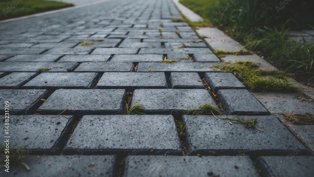 Fototapeta premium Grey interlocking brick pavement pattern with subtle grass growth, great for backgrounds, design, construction, and projects.