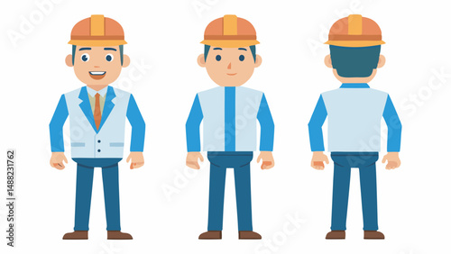 Engineer wearing hard hat. Character constructor for animation. Front, side and back Body view set. Vector illustration.