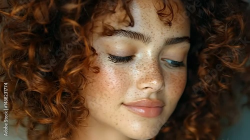 A serene portrait of a woman with natural curls and freckles