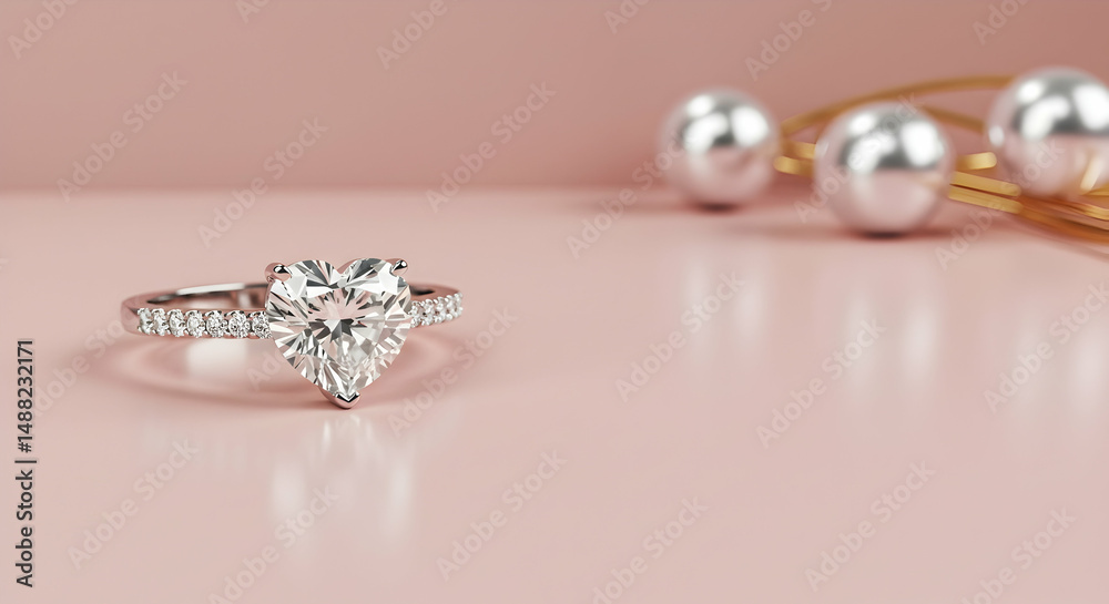 Fototapeta premium heart shaped diamond, diamond ring, engagement ring, Heart-Shaped Diamond Engagement Ring on Pink Background