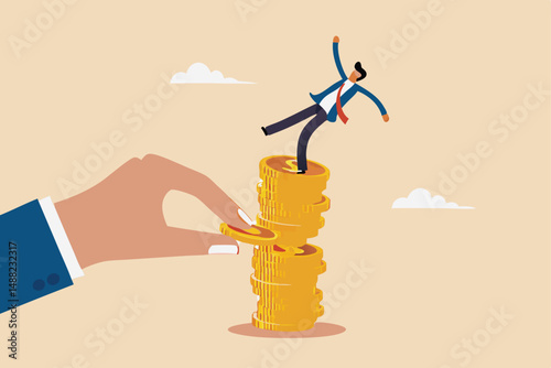 Investment risk from rug pull crash, pull money or liquidity back, market volatility, unstable and uncertainty concept, giant hand pull back money from coin stack causing investor to fall down.