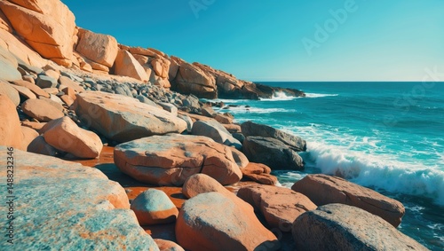 Coastal rocks by the ocean in the morning light. The warm hues of the rocks stand out against the turquoise sea. A gentle swell embraces the shoreline.