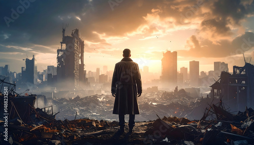 Post-Apocalyptic Solitude: A lone figure stands amidst the ruins of a city, gazing towards a radiant sunset, evoking feelings of resilience and the dawn of a new era.