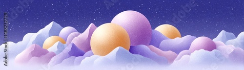 Dreamy watercolor illustration of abstract mountains and spheres fantastical landscape serene night sky artistic view