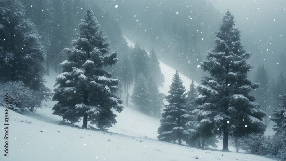 Obraz premium Picturesque Landscape of a Snow-Covered Slope Surrounded by Pine Trees