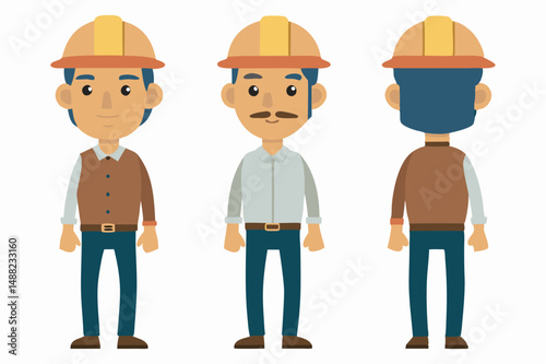 Engineer wearing hard hat. Character constructor for animation. Front, side and back Body view set. Vector illustration.
