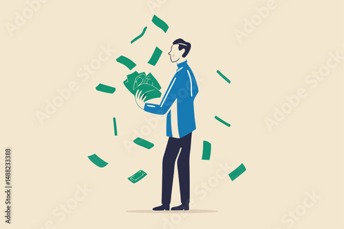 Earn money make profit from investment, savings, income or salary increase, get rich and earn more wealth concept, happy businessman millionaire holding easy money banknotes as financial success.
